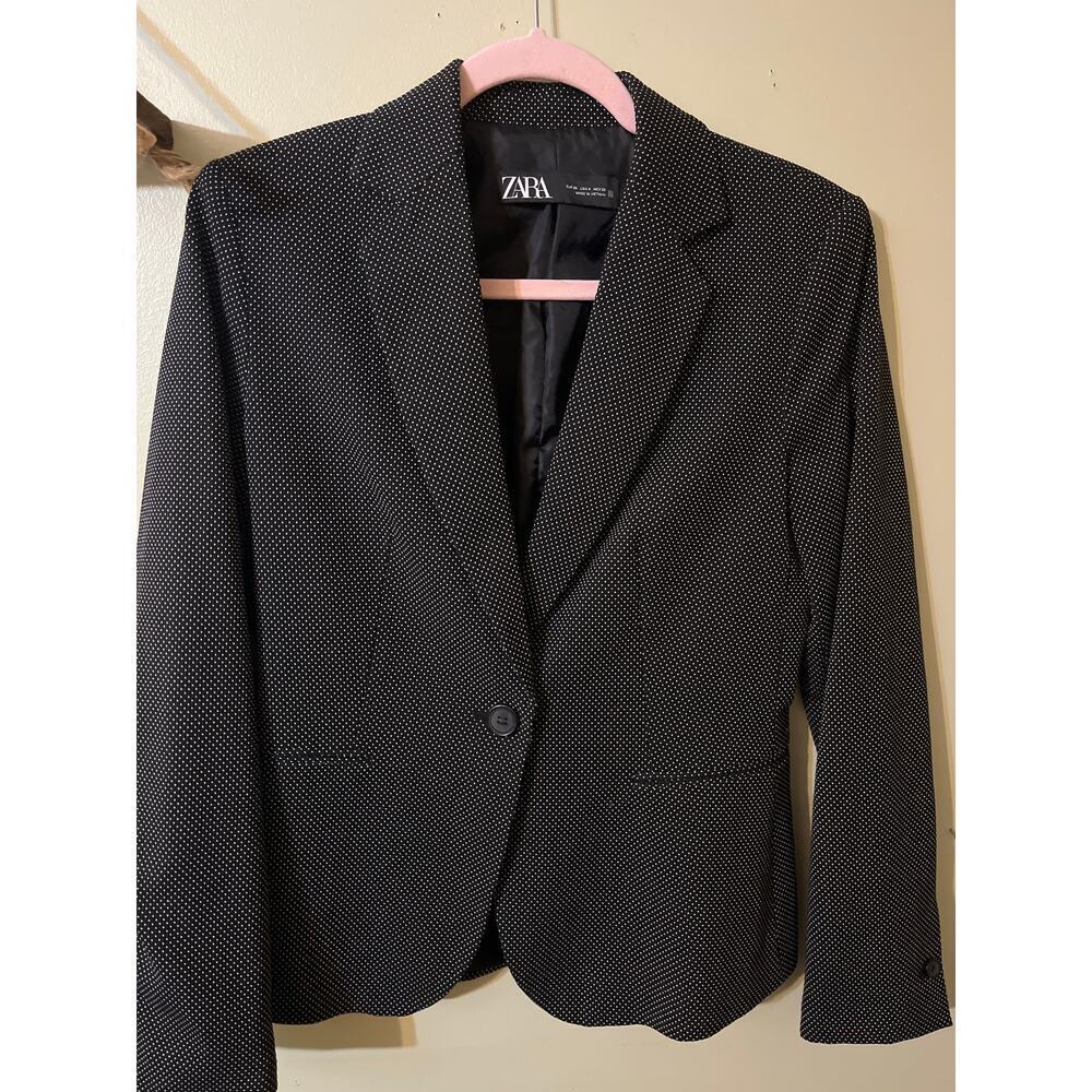 ZARA Woman’s Textured Weave Suit Jacket Blazer, Black/White polka dot, Size 4 - Picture 1 of 13